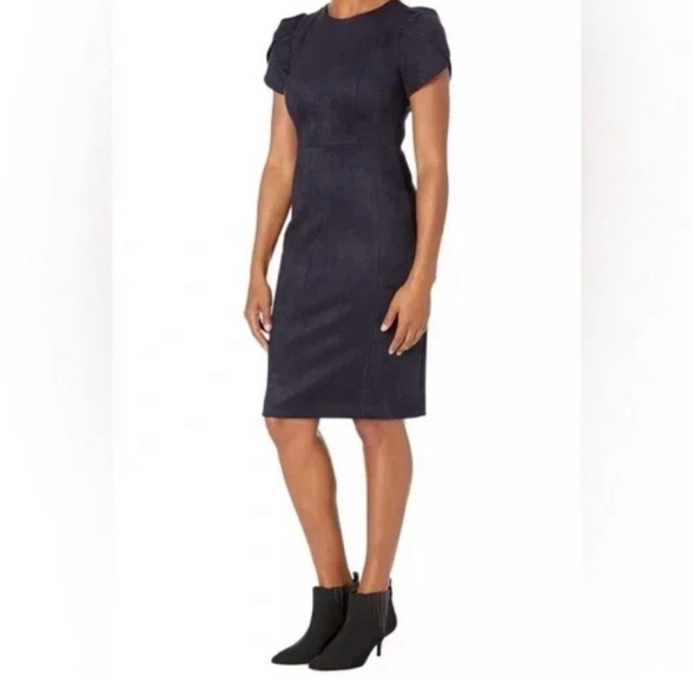 Calvin Klein Navy Faux Sueded Tulip-sleeve sheath Dress